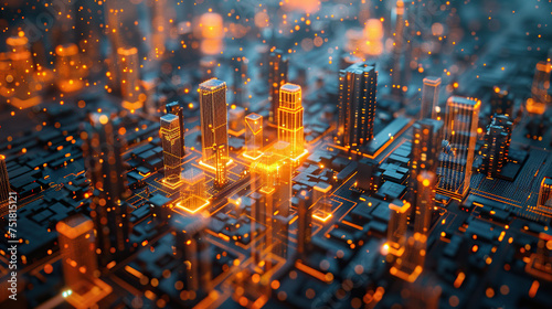 Modern city with wireless network connection concept data connection technology concept, digital blue and yellow light web connection wires with antennas on night megapolis city background