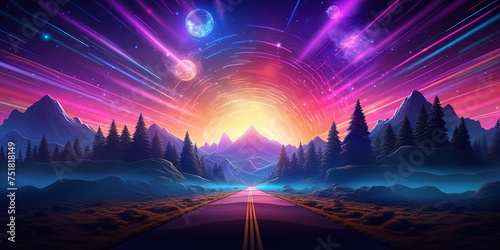 Vibrant digital landscape featuring a neon-lit road under a tremendous full moon and surreal sky