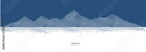 Abstract halftone mountain vector background. Dot grain texture rocky pattern. Dotwork gradient landscape. Grainy summit illustration, pointillism art effect, hill banner design, rock collage, nature