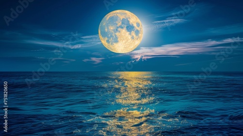 Gleaming full moon over calm ocean background