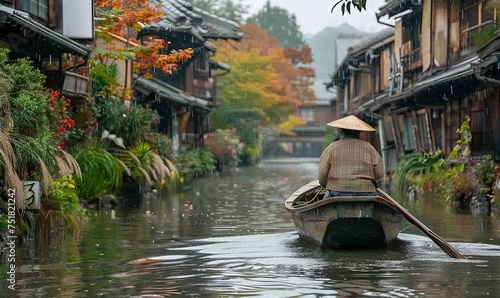 A boatman sails a boat along a river. arashiyama in the fall season along a river in kyoto, japan