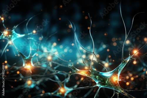 Neuron cells with glowing link knots. Blue green Neurons in brain.