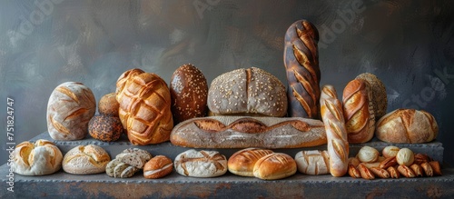 A painting showcasing a variety of breads and loaves neatly arranged on a table.