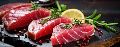 Close up of Fresh raw Tuna fillet steak and sashimi on wooden board background, delicious food for dinner, healthy food, ingredients for cooking.