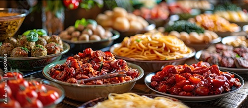 A variety of different types of food are displayed on a table, ranging from fruits and vegetables to meats and cheeses.