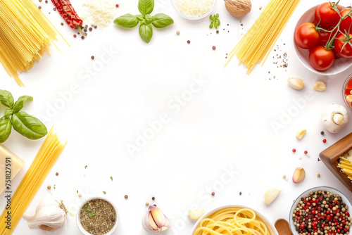 A white background with a variety of food items including pasta, tomatoes, basil, and cheese. Concept of abundance and variety, with healthy and fresh ingredients. top view of spaghetti carbonara dish