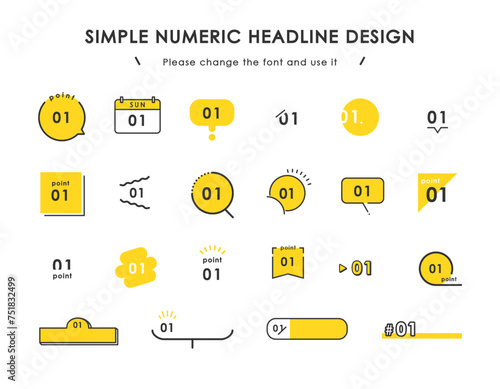 シンプルな数字の見出しデザイン _( ベクター 編集可能 あしらい 吹き出し 装飾品 セット 明るい 黄色 )