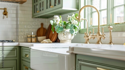 A kitchen faucet showcased in a warm, cozy green kitchen setting. The faucet features a gold bridge design, accompanied by a white apron sink, a tiled backsplash, and a white marble countertop