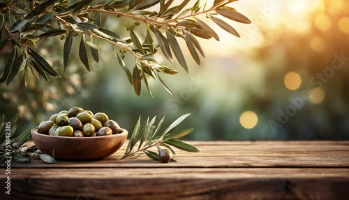 olive branches on wooden table blurred garden in sunset light copy space