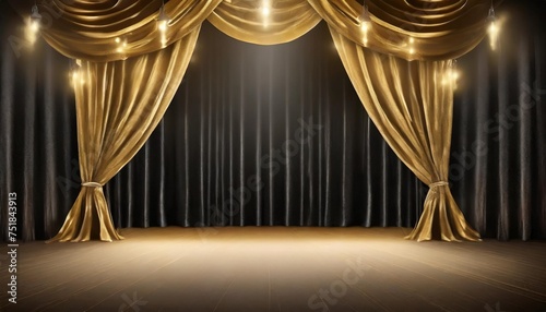 the empty background is a theater stage with black gold velvet curtains backstage under spotlights and spotlights