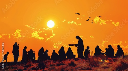 Silhouette of the feeding of the four thousand by Jesus