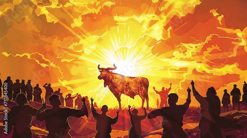 Silhouette of the golden calf being worshiped by the Israelites