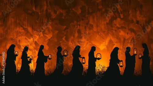 Silhouette of the parable of the ten virgins waiting with their lamps