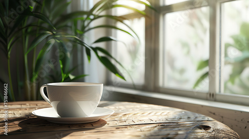 a white coffee cup sitting on top of a wooden table next to a window with a plant in the background