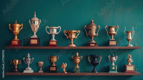 An elegant collection of trophies on shelves against a teal backdrop