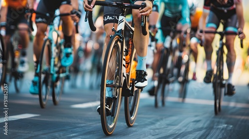 Close-up of a group of cyclists with professional racing sports gear riding on an open road cycling route 