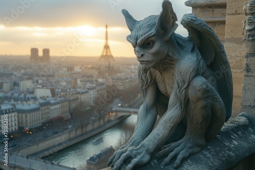Notre Dame of Paris, Demon most famous of all Chimeras, overlooking the skyline of Paris