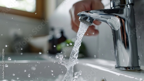 In the bathroom, the faucet runs with water flowing, as a man turns it off to conserve water, save energy, and protect the environment, in observance of World Environment Day