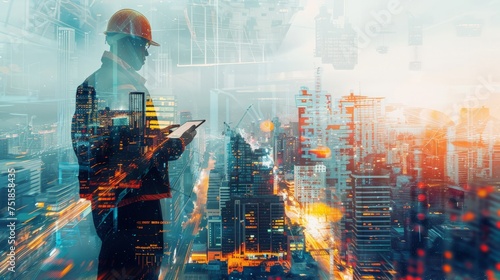 Double exposure image of construction worker with tablet computer and wearing construction uniform against the background of surreal construction site in the city.