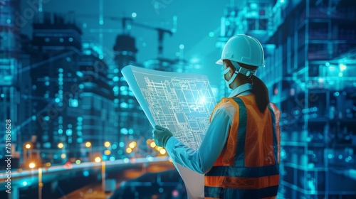 Engineer holding blueprints and safety helmet with icon of construction process on blue city background,