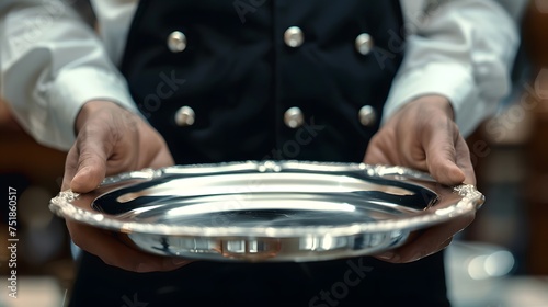 Waiter tray butler hand serve hold plate isolated white man silver empty glove servant. Butler waiter service tray dinner restaurant concept luxury hotel food platter elegant person background job.