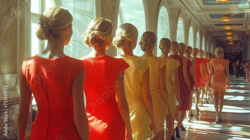 A group of women in red and yellow dresses, varying in sleeve lengths and waist styles, strut down a hallway in a fashion design event showcasing formal wear and cocktail dresses