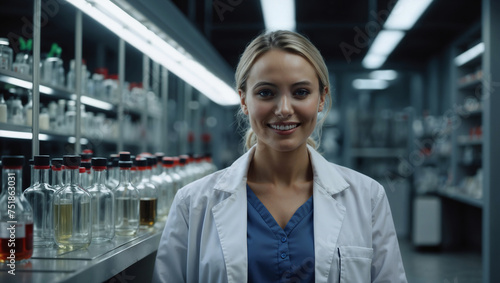Ricercatrice chimica mentre lavora in un laboratorio vestita con il camice bianco