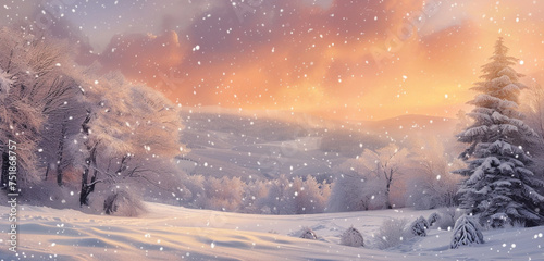 A snowy vista with heavy snowfall beneath a glowing apricot sky, snowdrifts adding a layer of mystery