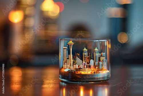 An intricate miniature replica of Seattle's iconic skyline perfectly crafted and enclosed within a glass jar, set against a backdrop of ambient bar lighting.