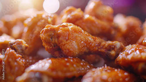 Close-up of juicy buffalo wings with a glossy sauce under warm light