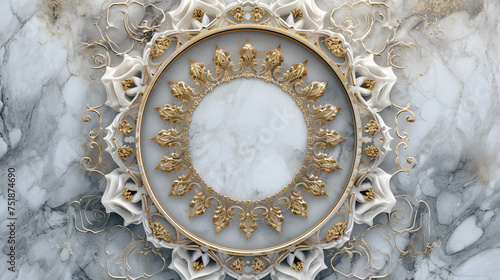 A 3D wallpaper depicting a rococo Italian-style ceiling adorned with a white and gold victorian motif, mandala decoration, set against a decorative frame backdrop