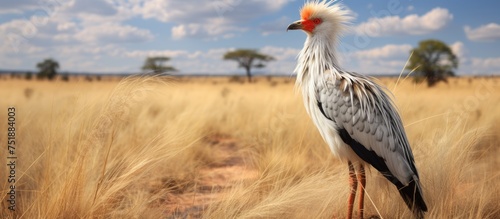 A large Secretary Bird is standing on top of a dry grass field. The bird is tall with long legs and distinctive feathers on its head. It is surveying its surroundings in the open savanna.