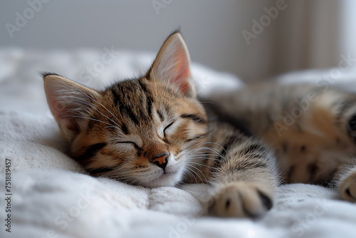 A tabby kitten sleeps soundly on a soft white blanket, epitomizing peace and comfort with a relaxed expression.