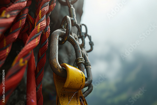 Climbing carabiners with ropes attached in the rock in the mountains, safe climbing in the mountains, selective focus 