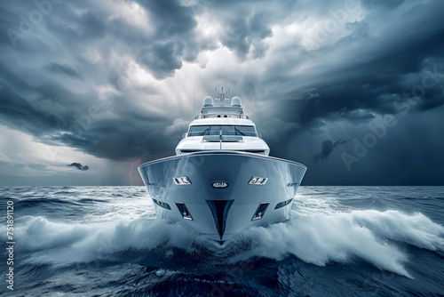 Luxury white yacht sailing into a storm on the ocean or sea. Front view 