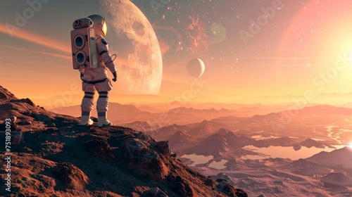 Astronaut in a suit visiting a remote exoplanet in the universe in high resolution and high quality. astronomy concept, planets, galaxies, space, stars, super novae, black holes, gravity