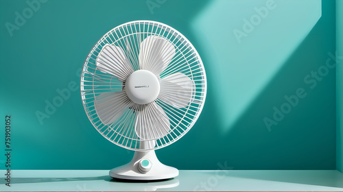 a modern, white electric table fan with five blades and a protective wire grill, set against a contrasting teal background with a light shadow indicating the fan's placement on a flat surface