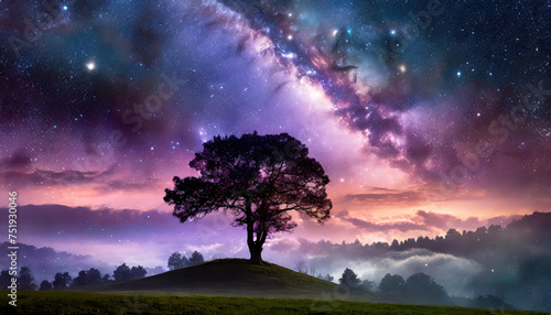Starry Night Sky with Silhouetted Tree Over Misty Landscape