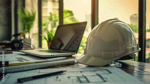 Professional workspace with architectural tools and a safety helmet, showcasing construction planning