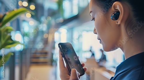 Pessoa com fone de ouvido sem fio em espaço de escritório moderno registado em close com lente de 50mm