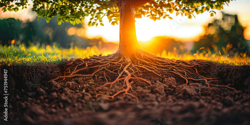 The image captures a tree with its roots firmly grounded in the soil, showcasing the depth and strength of its foundation.