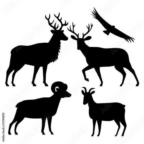 Stencil illustration of silhouette of American wildlife of an elk or wapiti, mule deer, male and female bighorn sheep and California condor on isolated background done in black and white retro style. 