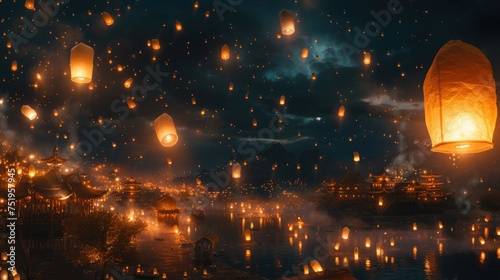 a broad shot of a lantern festival, where thousands of lanterns are suspended in the night sky to create an amazing show of hope and light. 