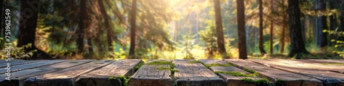 Beautiful blurry boreal forest background view. with empty rustic wooden table