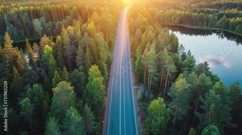 Road between green forest and blue lake as seen from bird's-eye view of natural light