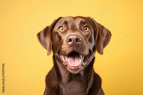 Portrait of a brown Labrador retriever on a yellow background