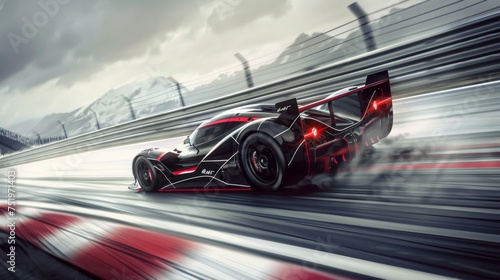 Thrill-seeking drive in a high-performance race car, speeding around tight track curves, adrenaline rush