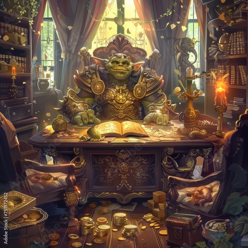 A luxurious office goblin boss laundering money gold coins and ancient artifacts 23