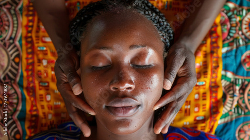 A young woman lies on a traditional African mat receiving a soothing massage from her healer. The patients eyes are closed in relaxation as the healer uses a mixture of massage