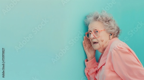 Curious old grandmother neighbor eavesdrops on her neighbors behind the wall, emotions of surprise and shock on blue background. Problems with noisy, noxious neighbors